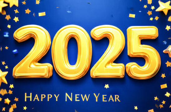 Golden numbers 2025 surrounded by gold confetti and paper stars on a dark blue background. Happy New Year celebration of 2025