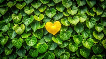 Vibrant green foliage backdrop features a single, bright yellow heart-shaped leaf, evoking feelings of serenity, harmony, and connection with nature, with ample copy space.