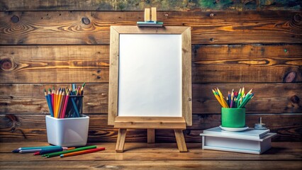 A blank white framed poster on a wooden easel stands on a rustic wooden table surrounded by scattered printer paper sheets and colorful pens.