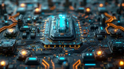 Poster - Close-up view of a high-tech circuit board with illuminated components and intricate pathways