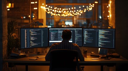Coding in office environments, deserted software development office, multiple screens with coding software open, warm ambient lighting, startup style, creative and dynamic, innovative mood