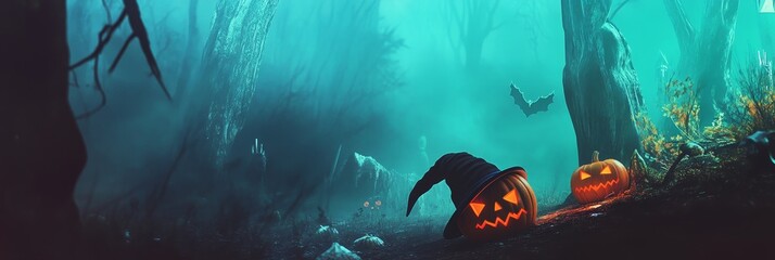 An eerie forest under a full moon with glowing jack o lanterns and bats