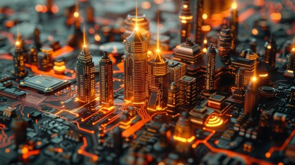 Poster - Futuristic cityscape with glowing circuits and skyscrapers during nighttime