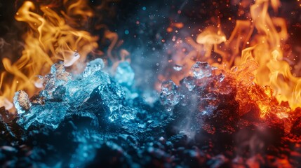Poster - Blue ice and orange flames colliding with smoke in a dynamic display of elemental contrast