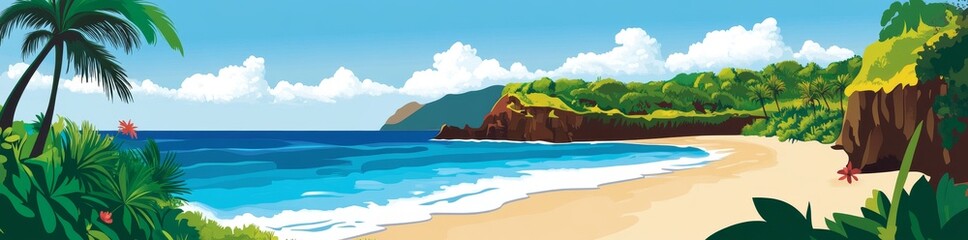 Illustration for a children's book showing a beach and ocean