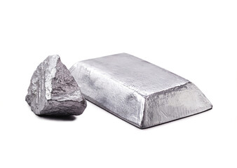 Wall Mural - Isolated zinc ingot or bar next to raw zinc nugget on isolated w