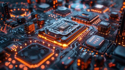 Aufkleber - Close-up view of a futuristic circuit board with glowing orange elements