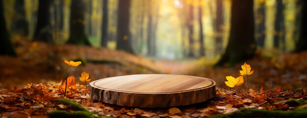 A wooden plate placed on the forest floor surrounded by fallen leaves in an autumnal setting, evoking a sense of connection with nature and tranquility.