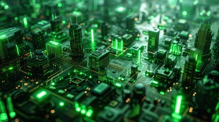 Poster - Futuristic cityscape circuit board illuminated by green lights at night