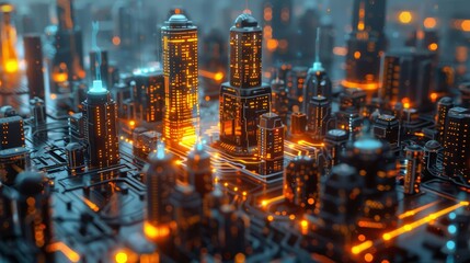 Poster - Futuristic cityscape illuminated at night with glowing circuitry and towering skyscrapers