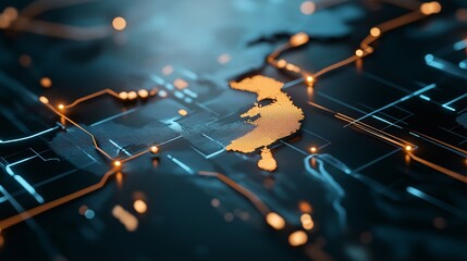 Poster - Vietnam's Digital Frontier: A golden 3D map of Vietnam emerges from an intricate circuit board, symbolizing technological advancement, connectivity, and the country's growing digital landscape.