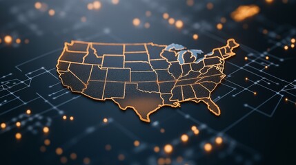 Poster - USA Tech Innovation: A futuristic map of the United States illuminated by circuitry, symbolizing technological advancement and digital connectivity. 