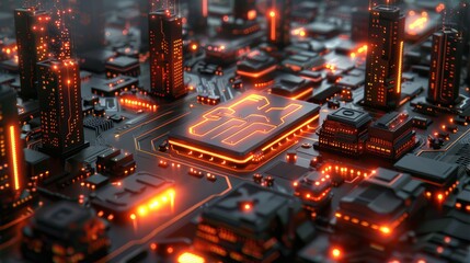 Poster - Futuristic cityscape with glowing circuits and buildings at night