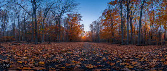 Wall Mural - A serene autumn landscape with vibrant orange leaves covering ground, evoking sense of tranquility and beauty. sun sets in distance, casting warm glow through trees.