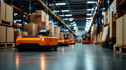 Several autonomous robots efficiently transporting goods in a modern warehouse environment, demonstrating advanced automation in logistics and inventory management.