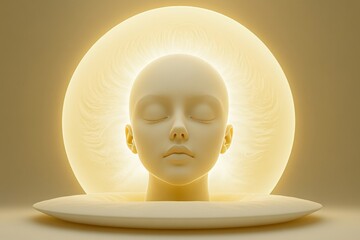 Sticker - A serene glowing face emerges from a halo like light representing purity enlightenment and spiritual awakening ideal for illustrating concepts of meditation inner peace and transcendence