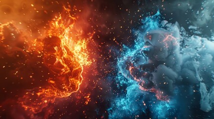 Poster - Fiery orange and cool blue abstract smoke formation depicting a clash of elements