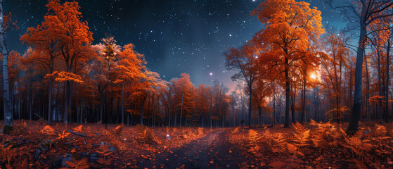 Wall Mural - a serene autumn forest under starry night sky, with vibrant orange foliage and winding path. scene e
