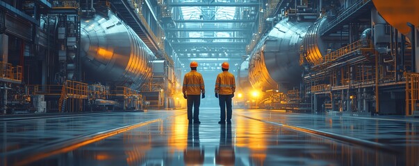 Poster - Futuristic digital twin concept Engineers and professional workers in a hightech heavy manufacturing factory, Midjourney