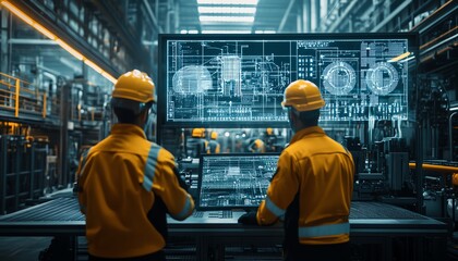 Poster - Futuristic heavy industry factory Engineers and professional workers, digitalized environment with digital twin graphics, Midjourney