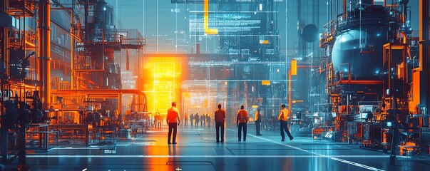 Poster - Heavy industry factory with digital twin graphics Team of engineers and workers in a digitalized, futuristic environment, Midjourney