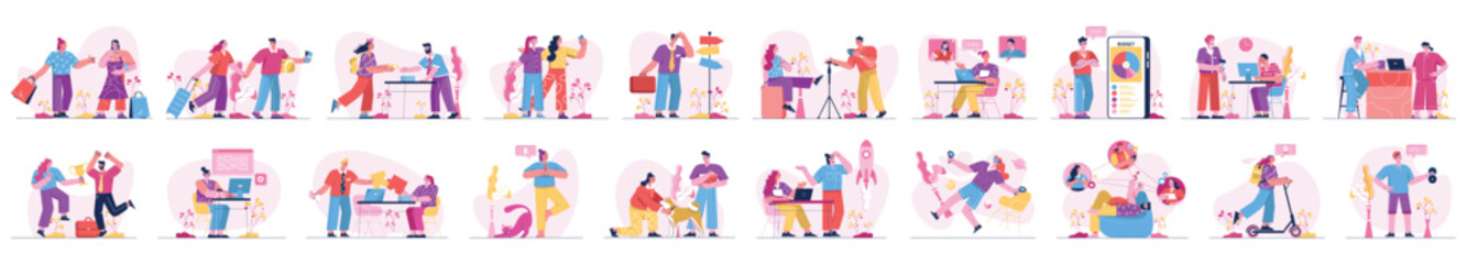 Aufkleber - Bundle of colorful concepts with people scene in flat cartoon design. Various situations are depicted in this collection in a beautiful color palette. Vector illustration.