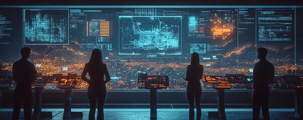 Poster - Team of engineers in a hightech digitalized factory, professional workers in heavy industry, futuristic digital twin concept, Midjourney