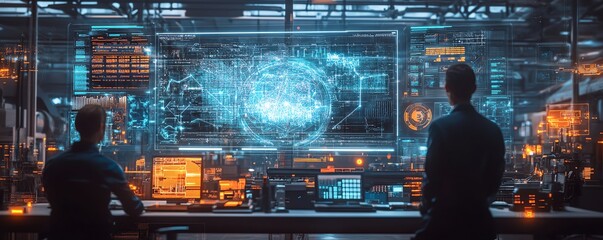 Poster - Digital twin manufacturing Team of engineers and professional workers in a futuristic digitalized factory, hightech industry, Midjourney
