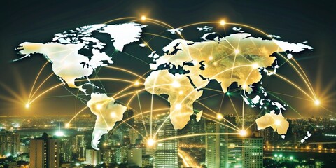 Poster - Global Network: A futuristic, ethereal depiction of a glowing, interconnected world map hovering above a bustling cityscape, representing the interconnectedness of our global society and the power of 
