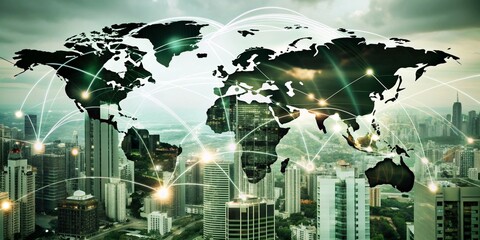 Poster - Global Network: A futuristic, ethereal depiction of a glowing, interconnected world map hovering above a bustling cityscape, representing the interconnectedness of our global society and the power of 