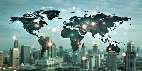 Poster - Global Network: A futuristic, ethereal depiction of a glowing, interconnected world map hovering above a bustling cityscape, representing the interconnectedness of our global society and the power of 