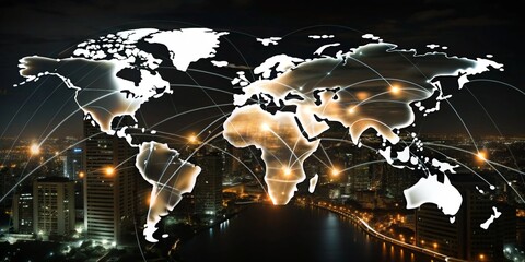 Poster - Global Network: A futuristic, ethereal depiction of a glowing, interconnected world map hovering above a bustling cityscape, representing the interconnectedness of our global society and the power of 