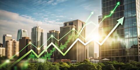 Poster - Cityscape Growth: A vibrant cityscape backdrop with a dynamic stock market graph soaring upwards, representing financial success and upward trajectory.  