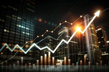 Poster - Cityscape Growth: A vibrant cityscape backdrop with a dynamic stock market graph soaring upwards, representing financial success and upward trajectory.  