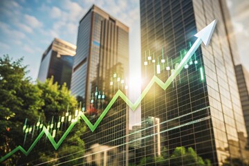 Poster - Cityscape Growth: A vibrant cityscape backdrop with a dynamic stock market graph soaring upwards, representing financial success and upward trajectory.  