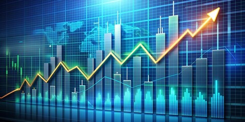 Poster - Cityscape Growth: A vibrant cityscape backdrop with a dynamic stock market graph soaring upwards, representing financial success and upward trajectory.  