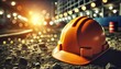 © Ismah Yuni - A close-up image of an orange hard hat placed on a construction site surface with bright lights in the background, symbolizing safety, construction work, and the building industry