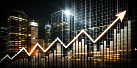 Poster - Cityscape Growth: A vibrant cityscape backdrop with a dynamic stock market graph soaring upwards, representing financial success and upward trajectory.  