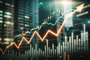 Poster - Cityscape Growth: A vibrant cityscape backdrop with a dynamic stock market graph soaring upwards, representing financial success and upward trajectory.  