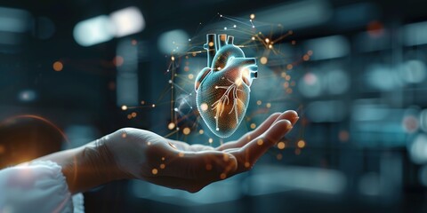 hand holds a glowing 3D digital heart surrounded by futuristic data and holographic interfaces. The image conveys the intersection of medicine, technology, and innovation in healthcare.