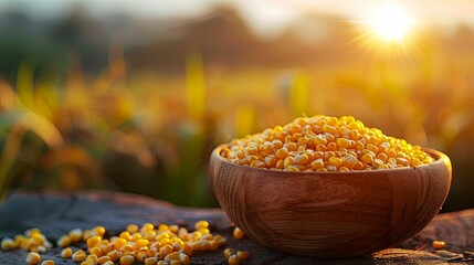 closeup of yellow ripe corn in wooden bowl on table surface, blurred nature green field at sunset in