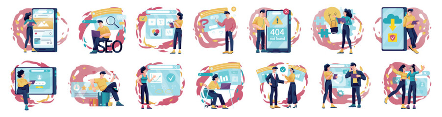 Poster - Mega set of colorful concepts with people scene in flat cartoon design. A collection of scenes with men and women in various situations with pink and yellow accents. Vector illustration.
