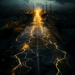 Poster - A surreal street scene illuminated by bright lights and electric patterns on the ground.