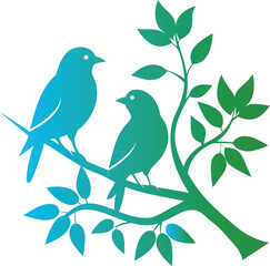 two birds are on a branch with a flower on it.