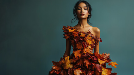 female model with a autumn dress in a blue background