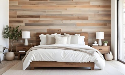 A cozy and rustic bedroom with a wooden plank wall, a white bed with neutral bedding, and two table lamps on nightstands.