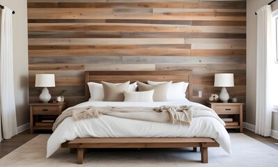 A cozy and rustic bedroom with a wooden plank wall, a white bed with neutral bedding, and two table lamps on nightstands.