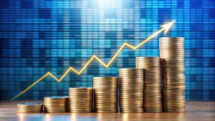 A growing stack of coins with a upward trending arrow on a financial chart, symbolizing a salary increase or a successful business venture.