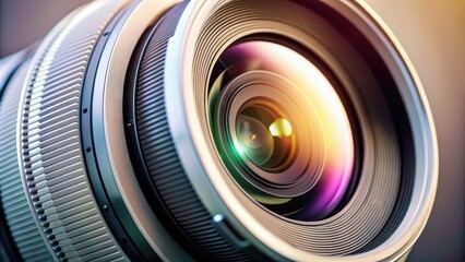 A macro shot of a pristine white camera lens with a shallow depth of field, blurring the background and highlighting the lens's intricate details.