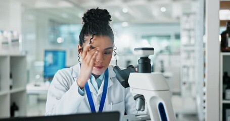 Aufkleber - Woman, lab or microscope for science investigation or clinical research, innovation in healthcare. Female scientist, wellness study and digital technology, check on particles or medical test for drug